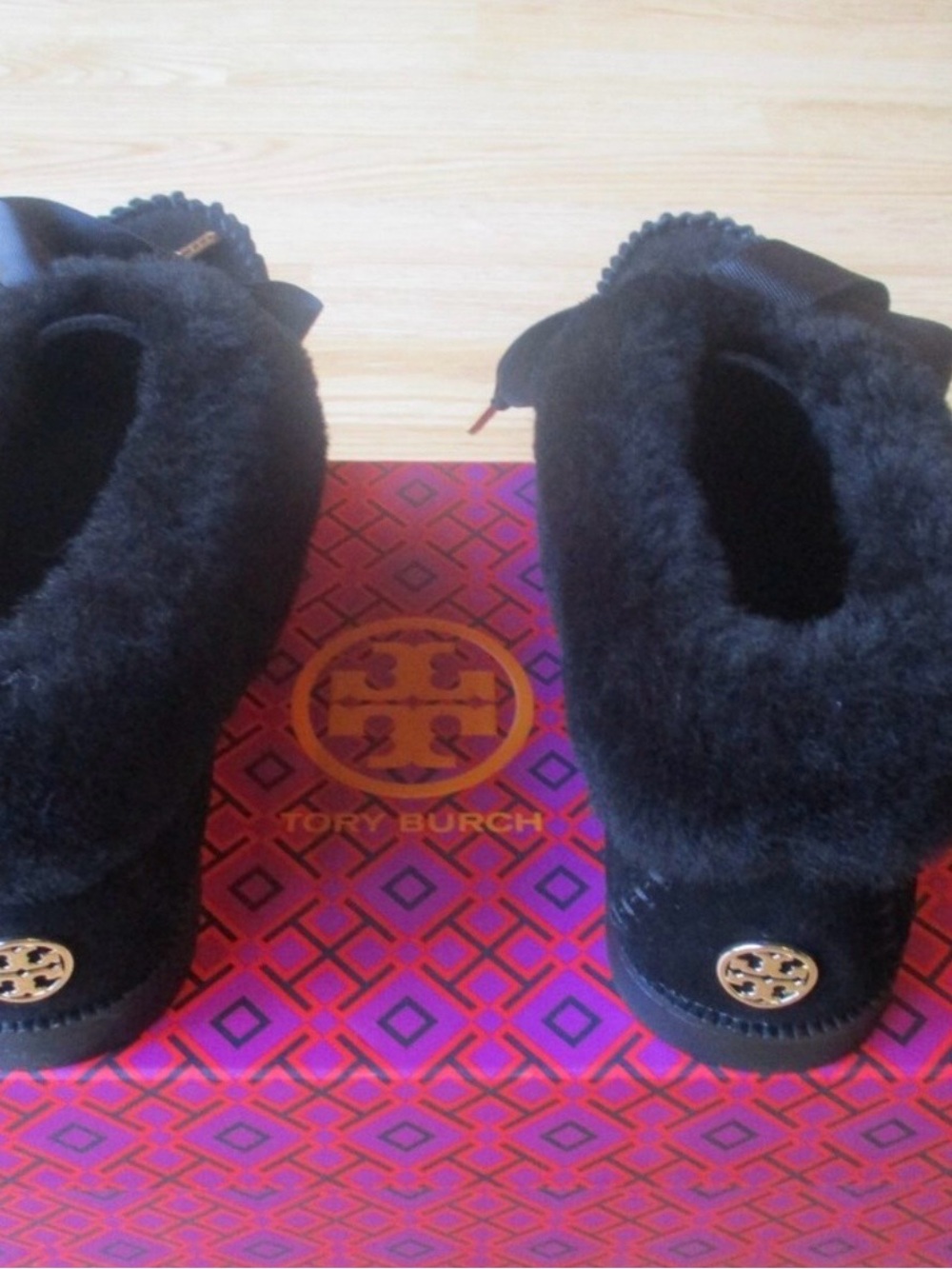 Tory Burch Black Fur-Trim Ankle Booties with Gold Logo